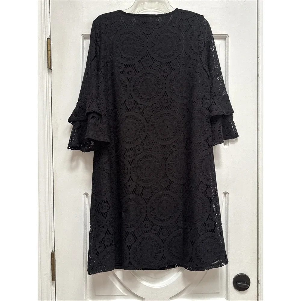 Tacera Women‎ Size M 3/4 Ruffled Bell Sleeve Black Floral Lace Shift Mini Dress